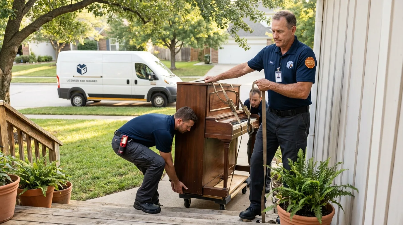 Licensed piano movers securing grand piano in Tazewell, TN