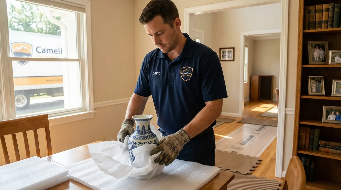 Professional crew carefully wrapping antique vase for senior downsizing move in Tazewell, TN